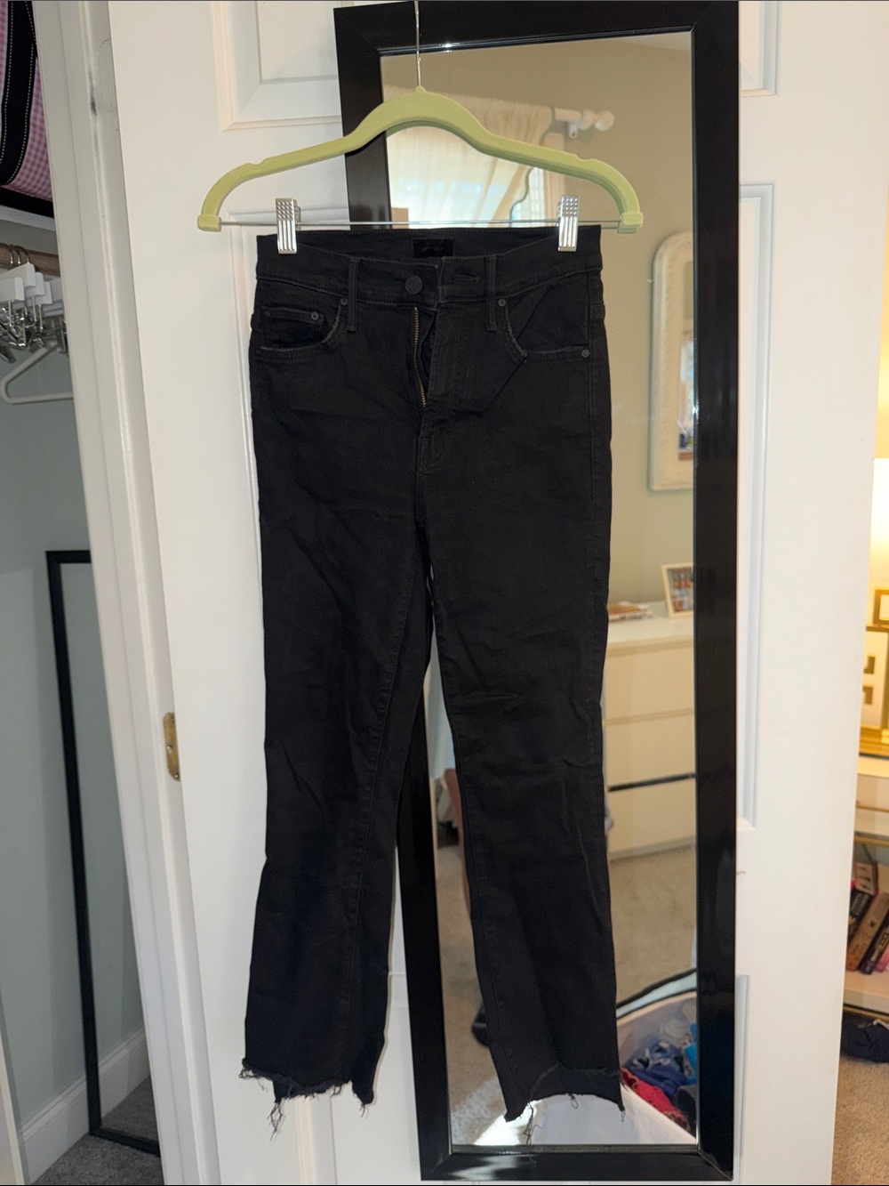 MOTHER Black Straight Leg Jeans with Raw Hem